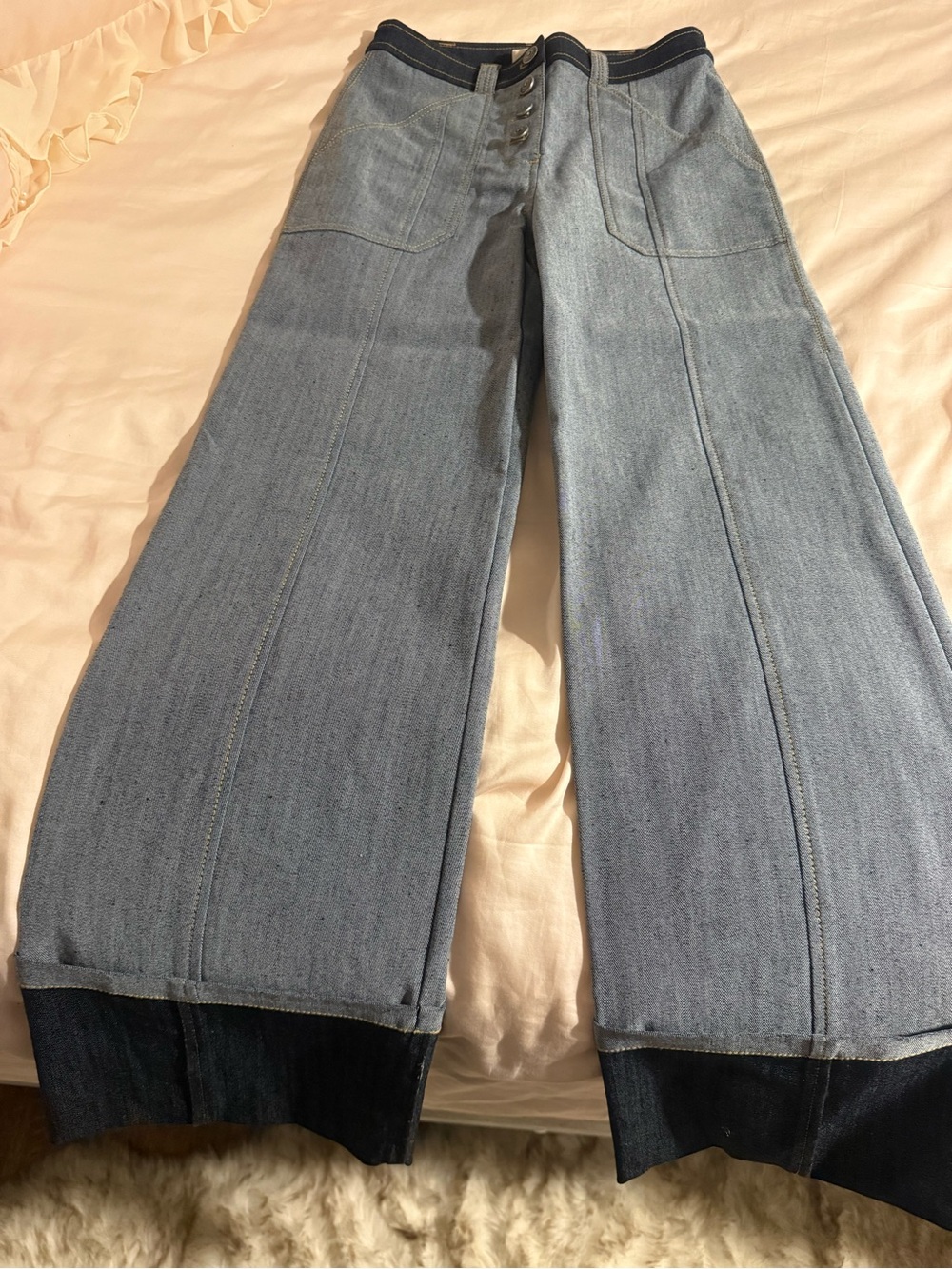 cinq a sept Two-Tone Wide Leg Jeans in Light Blue and Dark Indigo